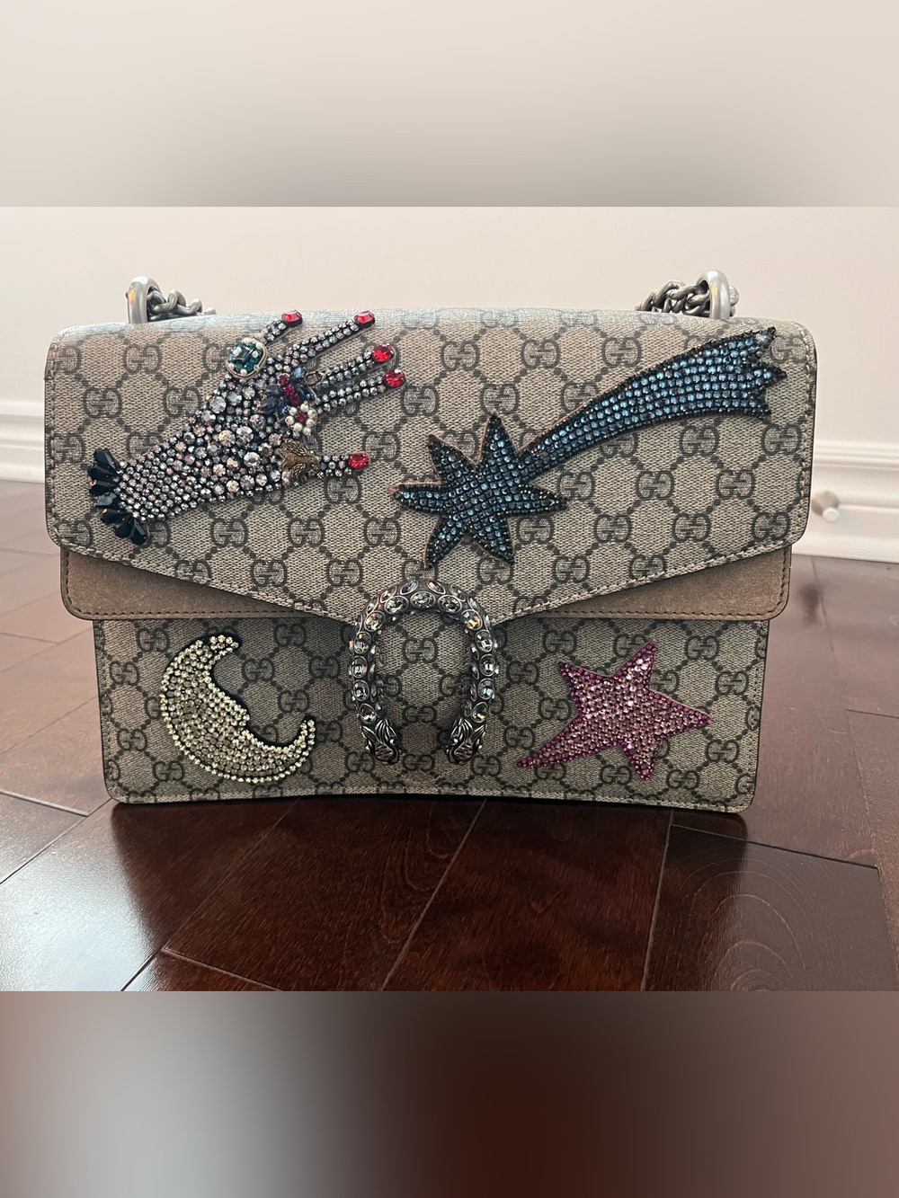 Gucci Beige GG Supreme Crystal-Embellished Dionysus Shoulder Bag